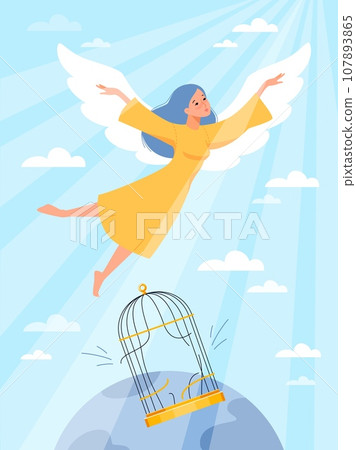 Cute girl is released from cage. Gaining freedom, life change process, angel flies to sun, emancipation day, exceed limits, Independence and liberty cartoon flat isolated vector concept Cute girl is released from cage. Gaining freedom, life change process, angel flies to sun, emancipation day, exceed limits, Independence and liberty cartoon flat isolated vector concept 107893865