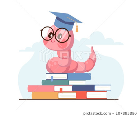 Bookworm in graduation hat and glasses sits on books. Education and knowledge symbol. Studying earthworm. Cute worm nerd mascot. Cartoon flat style isolated vector learning concept 107893880