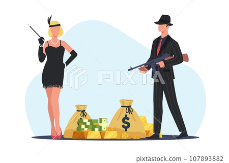 Bonnie and Clyde are standing near bags of money and gold bars. Retro romantic couple killers. Successful robbery, criminal people. Vintage characters. Cartoon flat isolated vector concept 107893882