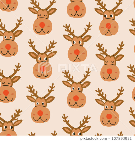Christmas reindeer Rudolf character seamless pattern on beige, reindeer with different emotions. Christmas deer pattern, deer character for kids. Vector illustration 107893951