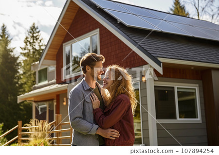 A happy couple stands smiling in the driveway of a house with solar panels installed. Generative Ai. 107894254
