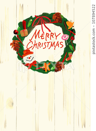 Christmas wreath hanging on a white wall with presents, pine cones, ribbons, socks, snowmen, sweets, hand drawn 107894522