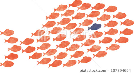 Illustration, flock, large group of small fish gathering to look like a big fish Illustration, flock, large group of small fish gathering to look like a big fish 107894694