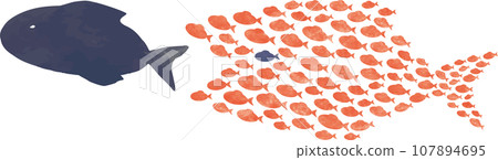 Illustration of many small fish gathering to chase a big fish 107894695