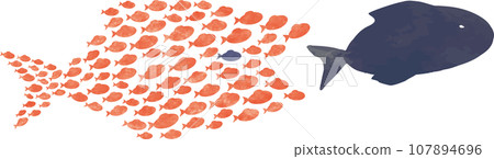 Illustration of many small fish gathering to chase a big fish 107894696