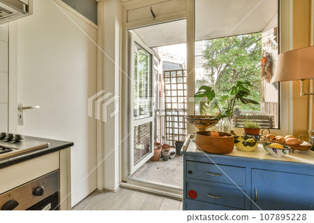 a kitchen with blue cabinets and an open door leading to a patio area that looks out into the backyard garden 107895228