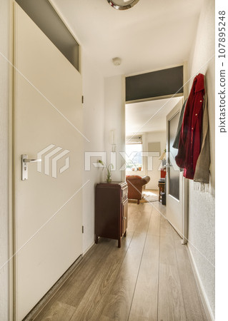 a hallway with wood flooring and white walls in an apartment or townhouse, taken from the front door 107895248