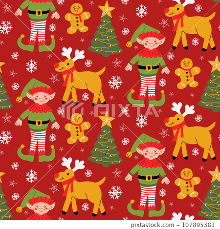 Christmas pattern with holiday Elf and reindeers with christmas tree, gingerbread man and snowflakes. Flat characters in cartoon childish style on red background. Good for decoration, wrapping Christmas pattern with holiday Elf and reindeers with christmas tree, gingerbread man and snowflakes. Flat characters in cartoon childish style on red background. Good for decoration, wrapping 107895381