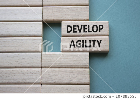 Develop agility symbol. Concept word Develop agility on wooden blocks. Beautiful grey green background. Business and Develop agility concept. Copy space 107895553