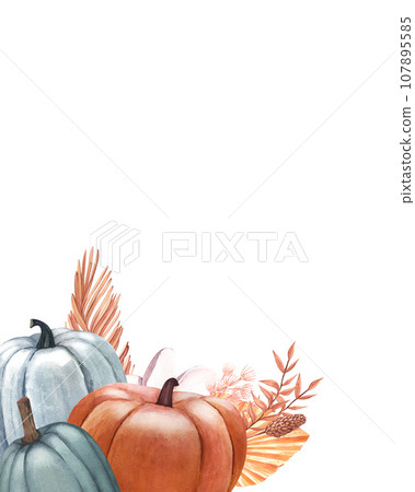 Watercolor pumpkins orange and blue color and bouquet, autumn leaves. Thanksgiving Day dinner concept. Hand-drawn illustration isolated on white background. Perfect for menu, card, frame Watercolor pumpkins orange and blue color and bouquet, autumn leaves. Thanksgiving Day dinner concept. Hand-drawn illustration isolated on white background. Perfect for menu, card, frame 107895585