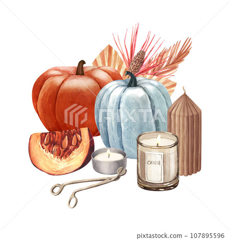 Watercolor candles and pumpkins, autumn decor. Hand-drawn illustration isolated on white background, cozy home and hygge concept. Perfect for menu, cooking, packing, card 107895596