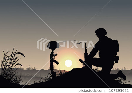 Army soldier in sorrow for fallen comrade, standing on knee, leaning on rifle, look at rifle in boots helmet. Dead soldier memories 107895621