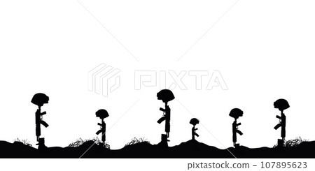 Helmet Gun and Rifle in Combat Boots silhouette, fallen soldier symbol silhouette on the performance of the combat mission 107895623