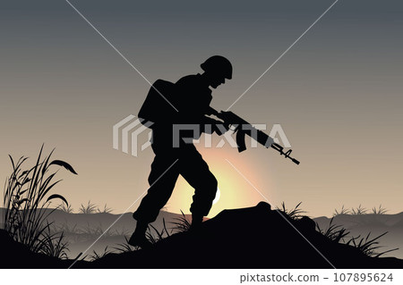 Lonely soldier in sunset, lonely soldier after a battle 107895624