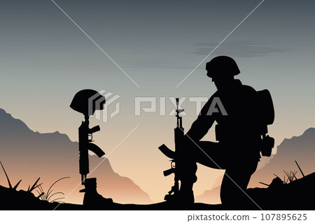 Army soldier in sorrow for fallen comrade, standing on knee, leaning on rifle, look at comrade's helmet and gun, shoes. Dead soldier memories Army soldier in sorrow for fallen comrade, standing on knee, leaning on rifle, look at comrade's helmet and gun, shoes. Dead soldier memories 107895625