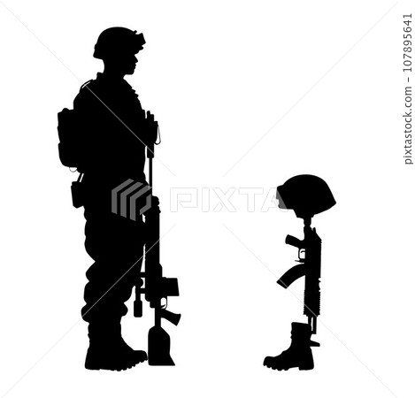 Sad soldiers troop silhouette, Army soldier in sorrow for fallen comrade, standing on knee, leaning on rifle, look at Helmet Gun and Rifle in Combat Boots 107895641