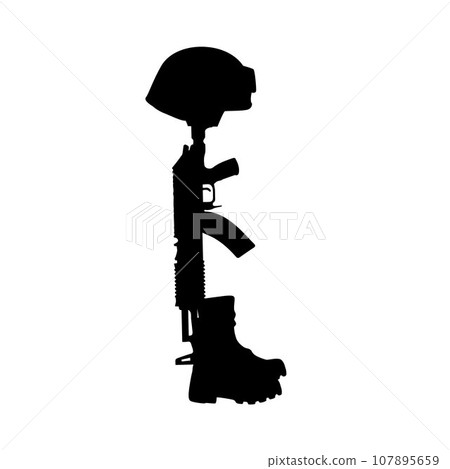 Helmet Gun and Rifle in Combat Boots silhouette, fallen soldier symbol silhouette 107895659