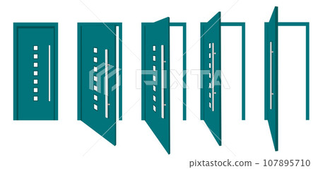 Open and closed door collection. Entrance and exit doors with handles and frames. Entry, exit in doorframe. Flat vector illustration isolated on white background 107895710