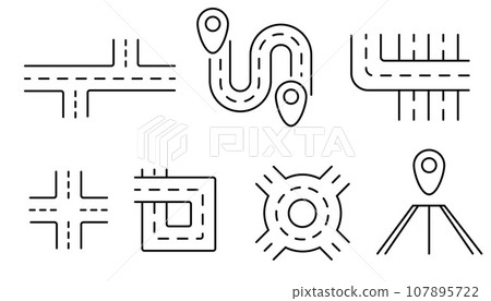Road icon set. Road sections of different shapes. Navigation and roads related editable stroke outline icons set. Road icon set. Road sections of different shapes. Navigation and roads related editable stroke outline icons set. 107895722