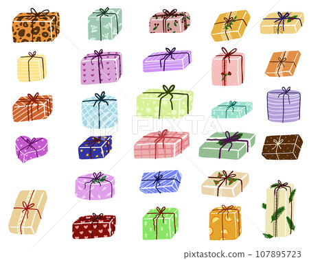 Gift box cartoon set icon. Christmas gifts, New Year presents. Holiday presents wrapped in festive paper wrapping, decorated with ribbon bows, strings and twines. Gift box cartoon set icon. Christmas gifts, New Year presents. Holiday presents wrapped in festive paper wrapping, decorated with ribbon bows, strings and twines. 107895723