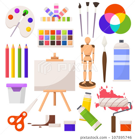Set of art making tools including brushes, pallets, palettes, easel and canvas flat design illustration, in the style of colorful figures, wood sculptor, impressionist colorism. Artists tools set 107895746