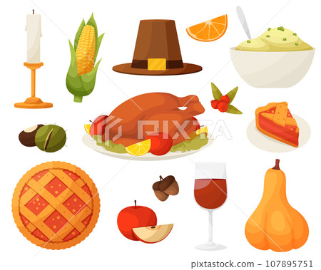 Thanksgiving icons. Vector set of autumn elements with roast turkey, cartoon pumpkin food, corn, wine. Happy Thanksgiving day. Harvest festival. Thanksgiving icons. Vector set of autumn elements with roast turkey, cartoon pumpkin food, corn, wine. Happy Thanksgiving day. Harvest festival. 107895751