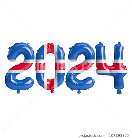 3d illustration of letter about new year 2024 with balloons on color Iceland flag 107895833