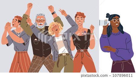 Happy people concept. Vector illustration Men and women happy at carnival laugh and play People on event or ceremony show unity and togetherness Happiness emotions are felt deeply at heartfelt 107896011