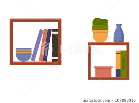 Wall shelf with home plant in pot, vase, cup, books and box, houseplant, pictures and other decor. Room furniture with interior items. Wooden shelf with decorations. Office or home furnishings 107896016