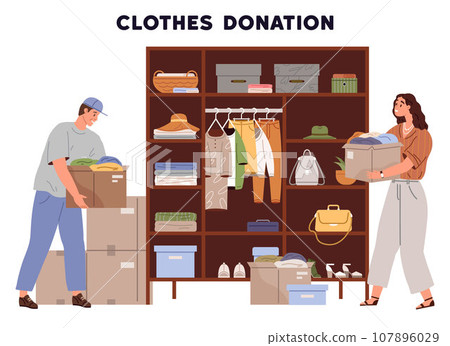 Clothes donation. Vector illustration. Donating unused clothes is act generosity The clothes donation metaphor represents giving and helping others Giving clothes to charity supports those in need Clothes donation. Vector illustration. Donating unused clothes is act generosity The clothes donation metaphor represents giving and helping others Giving clothes to charity supports those in need 107896029