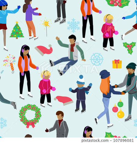 Group of happy people dressed in winter clothes ice skating on rink. Men, women and children in seasonal outerwear on ice skates having fun outdoors. Winter season activity and entertainment 107896081