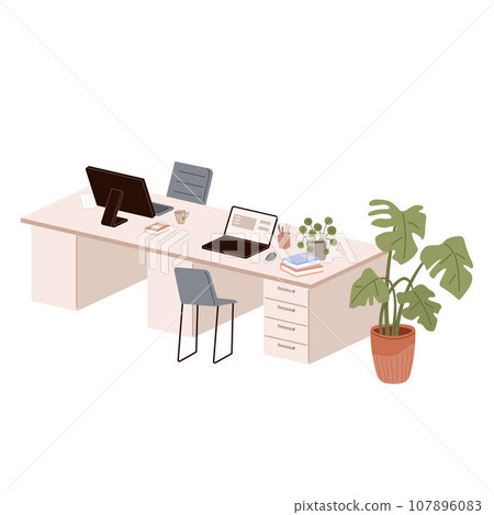 Design of modern empty office working place front view desk, chair, computer, plants in pot. Coworking space interior. Workplace of employees, open office. Work table with monitor isolated on white 107896083