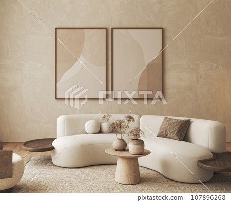 Bohemian livingroom with painting and sofa background. Light modern farmhouse nature interior. 3d rendering. High quality 3d illustration 107896268