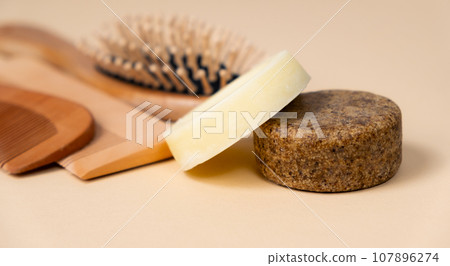 Solid shampoos are natural hair care. Eco-friendly cosmetics without plastic Solid shampoos are natural hair care. Eco-friendly cosmetics without plastic 107896274