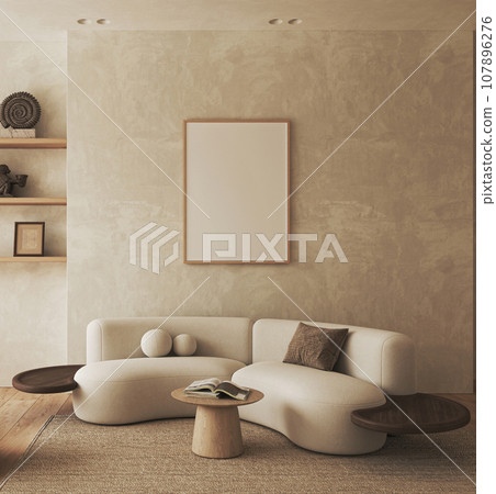 Bohemian livingroom with shelves and sofa background. Light modern farmhouse nature interior. 3d rendering. High quality 3d illustration Bohemian livingroom with shelves and sofa background. Light modern farmhouse nature interior. 3d rendering. High quality 3d illustration 107896276