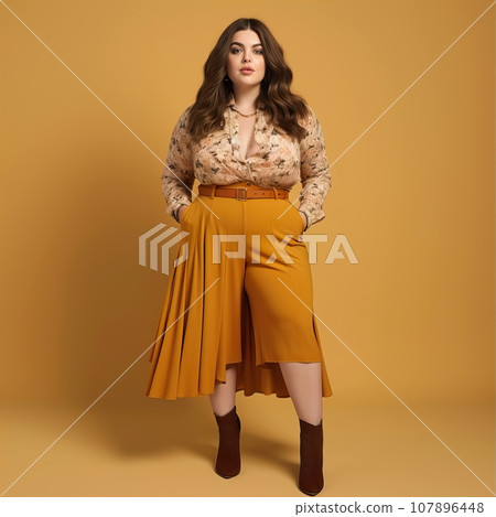 Beautiful young lady plus size model posing on solid color studio background, elegant dressed curvy woman Beautiful young lady plus size model posing on solid color studio background, elegant dressed curvy woman 107896448