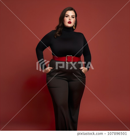Beautiful young lady plus size model posing on solid color studio background, elegant dressed curvy woman 107896501