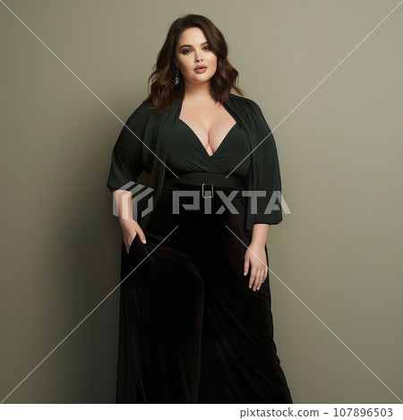 Beautiful young lady plus size model posing on solid color studio background, elegant dressed curvy woman Beautiful young lady plus size model posing on solid color studio background, elegant dressed curvy woman 107896503