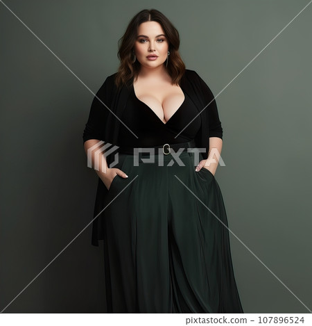 Beautiful young lady plus size model posing on solid color studio background, elegant dressed curvy woman Beautiful young lady plus size model posing on solid color studio background, elegant dressed curvy woman 107896524