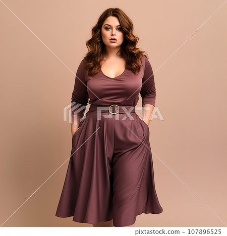 Beautiful young lady plus size model posing on solid color studio background, elegant dressed curvy woman Beautiful young lady plus size model posing on solid color studio background, elegant dressed curvy woman 107896525