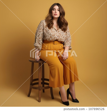Beautiful young lady plus size model posing on solid color studio background, elegant dressed curvy woman 107896526