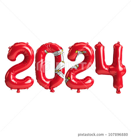 3d illustration of letter about new year 2024 with balloons on color Isle of Mann flag 107896880