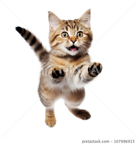 Cute cat jumping on a white background. Cute cat jumping on a white background. 107896915