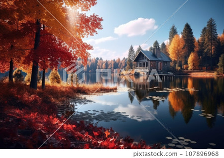 Cozy stone cottage by the lake in the autumn forest 107896968