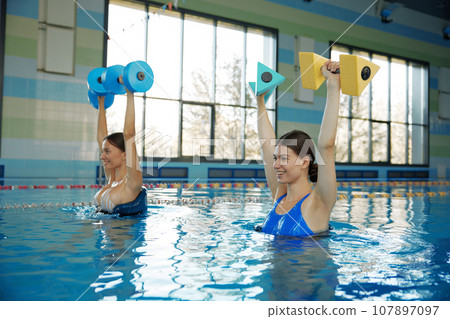 Young smiling female friends doing aerobic workout in swimming pool Young smiling female friends doing aerobic workout in swimming pool 107897097