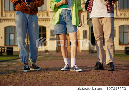 Group of smart students standing outdoors at campus Group of smart students standing outdoors at campus 107897350