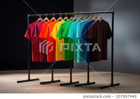Assorted Bright T-Shirts Hanging on Rack - Fashion Store or Wardrobe Organization" Assorted Bright T-Shirts Hanging on Rack - Fashion Store or Wardrobe Organization" 107897448