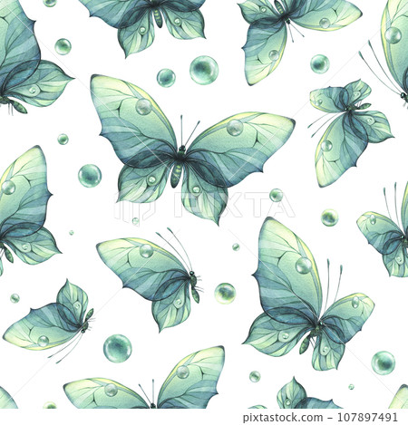 Delicate turquoise and blue butterflies with bubbles are airy, light, beautiful. Hand drawn watercolor illustration. Seamless pattern on a white background for fabric, textiles, wallpaper, packaging 107897491