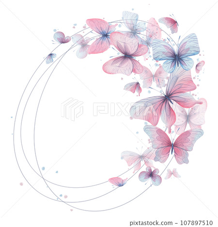Butterflies are pink, blue, lilac, flying, delicate with wings and splashes of paint. Hand drawn watercolor illustration. Oval wreath, frame, template on a white background, for design. Butterflies are pink, blue, lilac, flying, delicate with wings and splashes of paint. Hand drawn watercolor illustration. Oval wreath, frame, template on a white background, for design. 107897510