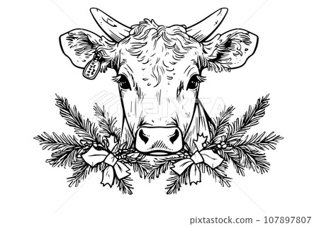 Cow with a wreath hand drawn ink sketch. Engraved style vector illustration. 107897807